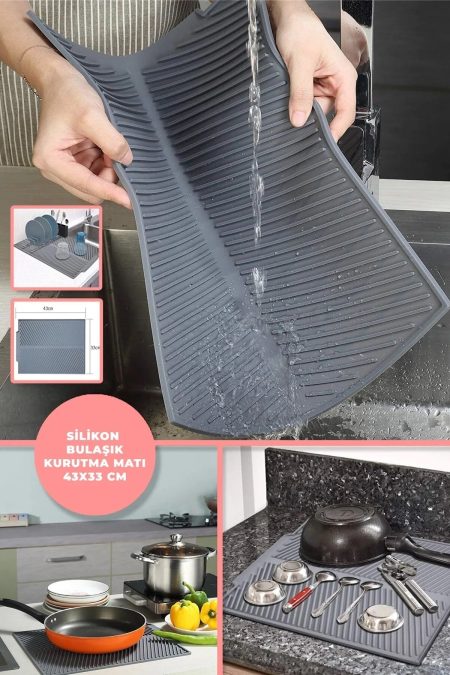 Büyük Boy Kaydırmaz Gri Silikon Bulaşık Kurutma Matı Bulaşıklık - Bulaşık Altlığı ( Bpa Free )