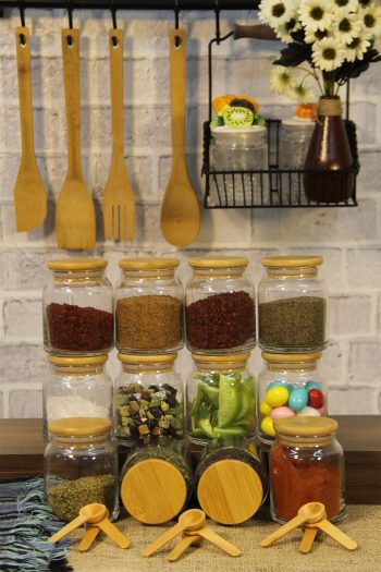 Bambu Kapaklı 300 Ml 12 Adet Cam Kavanoz Ve 12 Adet Mini Baharat Kaşığı - 24 Parça Baharatlık Seti