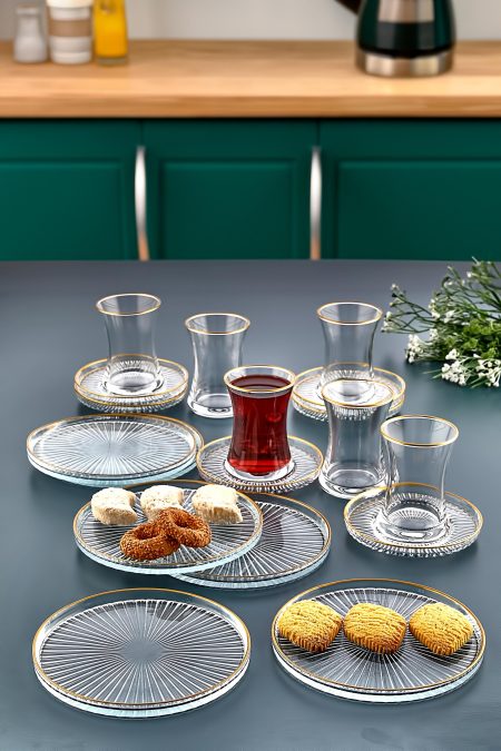 6' lı Cam Kek Pasta Tabağı Seti - Yaldızlı Lüks Pasta Takımı(16CM) - Image 2