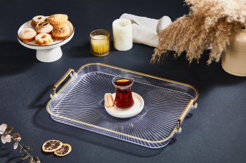 Dikdörtgen Sunumluk Tepsi - Lüks Dekoratif Çay Kahve İkram Sunum Tepsisi - Kristal Gold Yaldızlı 44 cm