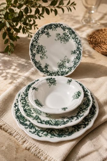 6 Kişilik 24 Parça Vintage Yeşil Desenli Porselen Yemek Takımı Seti