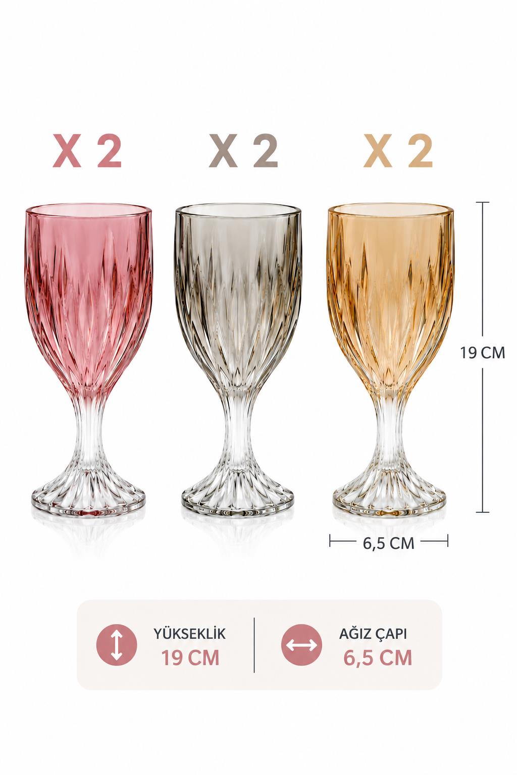 6’lı Renkli Kristal Desenli Cam Kadeh Seti Kahve Yanı Bardağı 19 CM Vintage Su Meşrubat Bardağı - Görsel 2