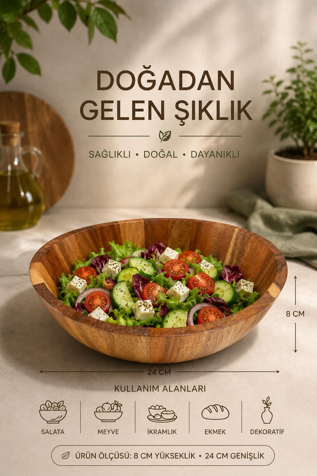 24 cm Akasya Ahşap Salata Kasesi – Modern Ekmeklik , Şık ve Doğal Sunum Kasesi - Görsel 3